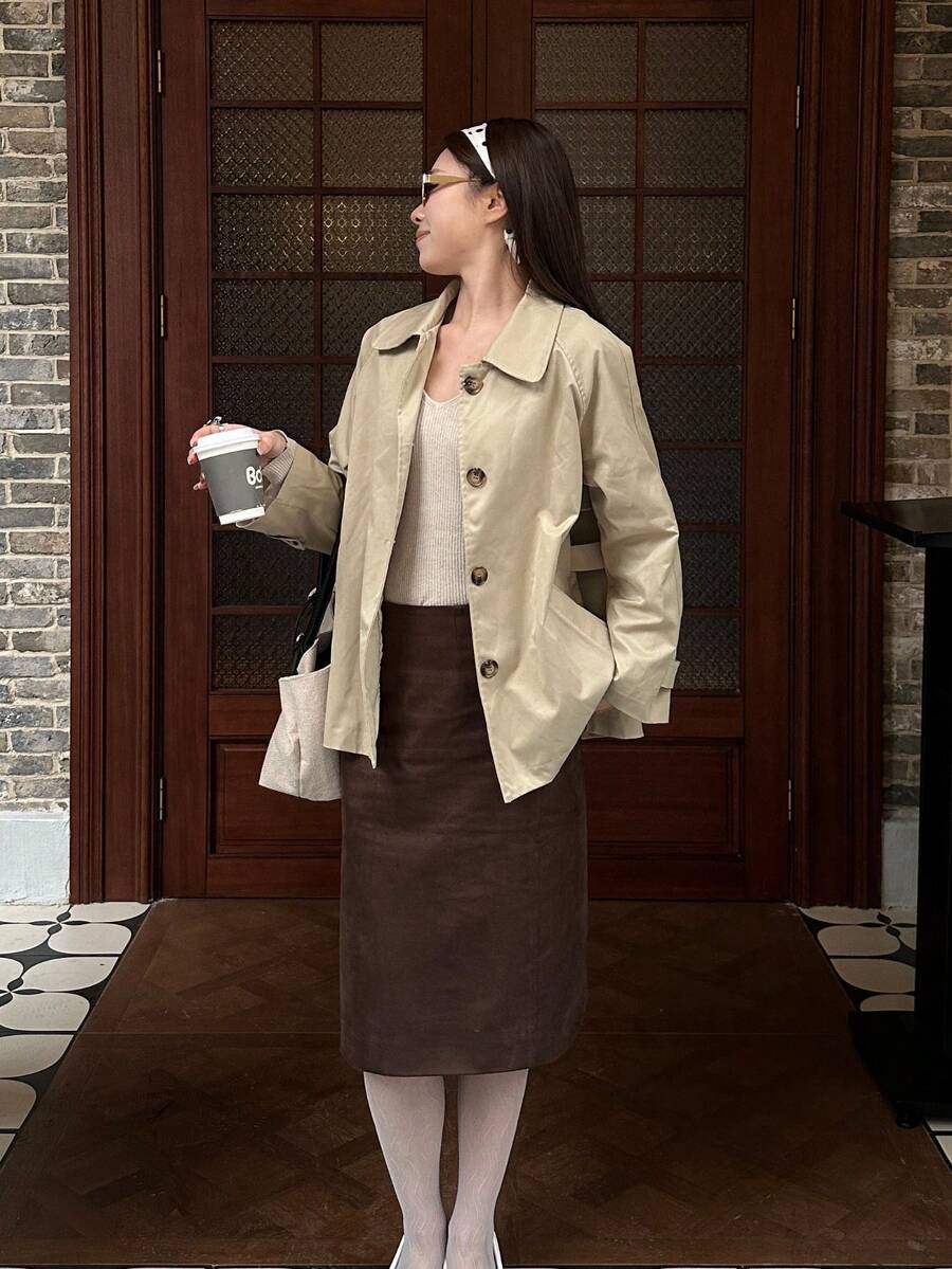 Women's Spring/Autumn Woven Raglan Sleeve Windbreaker, Front Button Closure, With Pockets, Casual Jacket - Khaki - View 1