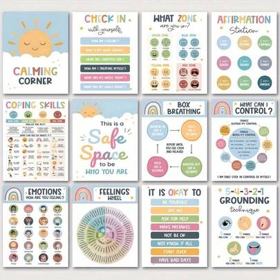 [Tranh phẳng 2D không khung] Bộ 12 tranh trang trí phong cách Bohemian, biểu đồ cảm xúc, tranh góc tĩnh lặng, vòng tròn cảm xúc, thích hợp trang trí lớp học và tranh nghệ thuật về sức khỏe tinh thần, trang trí nhà cửa, trang trí tường, kích thước 8*10 inch không khung.