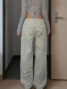 Vintage Street Flap Pocket Three Button Straight Wide Leg Cargo Pants Casual Daily Vacation Versatile Spring Summer Clothes For Women - Grey - View 2