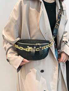 Thick Chain Strap Shoulder Crossbody Bag, Fashion Saddle Bag For Phone & Coin - Black - View 4