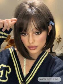 12-Inch Long Synthetic Wig Featuring A Natural Wavy Style In A Stunning Brown.. Designed With Bangs , It Is Crafted From Heat-Resistant Fiber To Ensure Durability. This False Hairpiece Is Perfect For Daily Use, Offering A Natural And Realistic Appearance That Mimics Real Human Hair - Brown - View 4