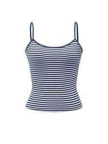 Vaiaye Women's Fashion Lingerie-Style Top, Spring/Summer Striped Print Round Neck Fitted Casual Vacation Sexy Camisole, Suitable For Valentine's Day Wear - 藍白條紋 - 查看 4
