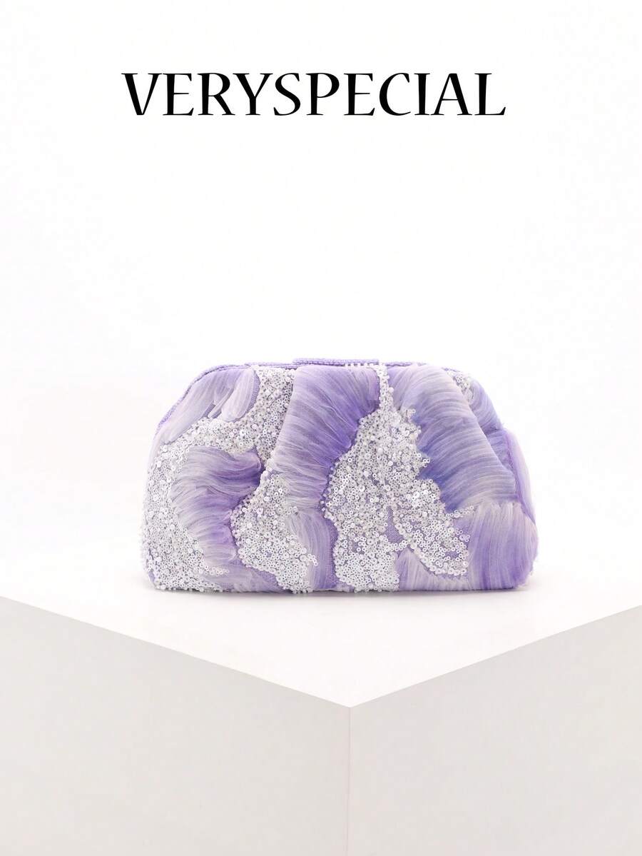 1pc Colorful PVC Sequin Floral Pattern Linen Base Mesh Embroidered Ruffle Cloud Clutch Bag, Shiny Elegant Evening Bag For Casual, Holiday, Party Use (Floral Sequin Pattern Randomly Sent)