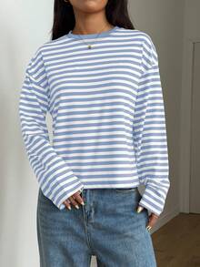 Women's Casual Top, Striped Color Block Ribbed Everyday Wear Spring - Blue and White - View 8