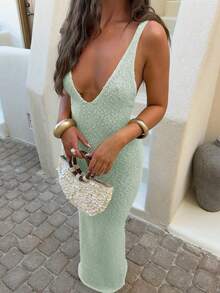 Vaiaye 女士纯色修身深V领无袖针织连衣裙，高弹力简约优雅欧美风无袖针织连衣裙，适合海滩、度假和日常穿着，春季款。 - 綠色 - 查看 5