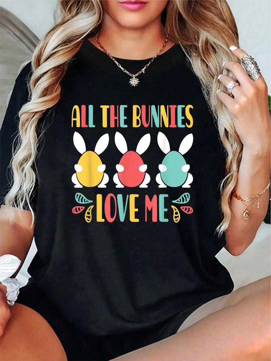 Camiseta Unisex 100% Algodón, Divertida para el Domingo de Pascua, Disfraz de Conejito, Camiseta con Estampado Gráfico de Búsqueda de Huevos, Manga Corta - Negro - Ver 1
