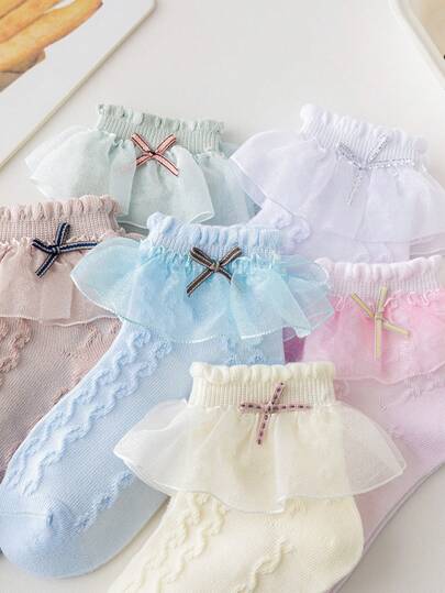 6 Pairs Of 6-Color Double-Layer Lace Girls' Princess Socks, Suitable For Spring, Autumn, And Summer Seasons, Suitable For Children Aged 1-10,Socks With Bows,Toddler Socks,Toddler Socks,Socks For Girls,Kids Socks,Toddler Girl Socks,Baby Socks Girl,Girl Socks,Princess Socks,Toddler Socks Girl,Kids Socks Girls,Cute Socks,Dancing Socks, Dance Socks, Latin Dance Socks