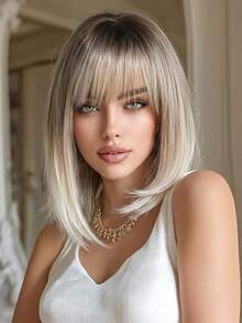 12 Inch Ombre Brown Black Gold Wig, Women's Short Straight Bob Hairstyle With Bangs, Heat Resistant Synthetic Fiber Wig, Fashionable And Versatile, Suitable For Women And Girls For Daily Wear, Parties, Cosplay, Photography And More - 漸層 - 查看 1