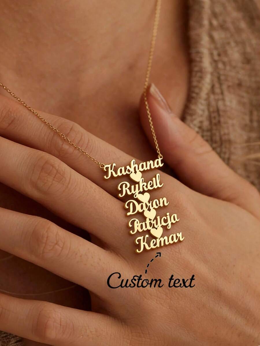 Customized Multi-Name Necklace, Personalized Heart-Shaped 1-5 Names Stainless Steel Multi-Layer Nameplate Necklace, Romantic Family Gift For Mother's Day - Gold - View 1