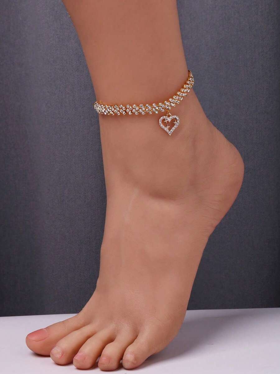 1件装多功能沙滩水钻心形吊坠脚链，女士个性化水晶心形脚链 - 金色 - 查看 1