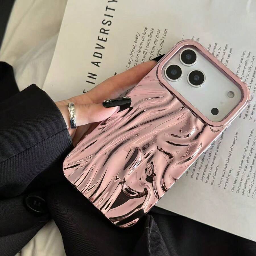 Electroplated Wavy Smooth Pink Phone Case For IPhone 17 Pro Max/17 Pro/17/16 Pro Max/16/16 Pro/15/15 Pro Max/15 Pro/13/14 Pro Max/13 Pro/13 Pro Max/14 Pro/14 Pro Max, Minimalist Creative Soft Shell