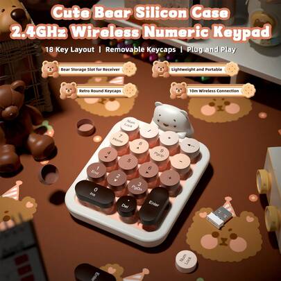 ATTACK SHARK Ajazz Cute Wireless Numeric Keypad With Silicon Bear,18-Key Colorful Round Keycaps,Ergonomic,2.4G Wireless Connection,Portable Financial Accounting Numpad Membrane Keyboard For PC,Laptop