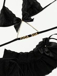 Lace Trio Set With Strap And Phrases Slit Skirt Gift Sexy Simple Lace Knot Summer Sets - 黑色 - 查看 4