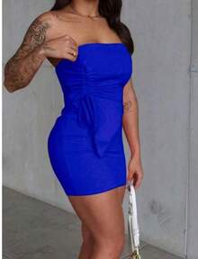 Di Boutique Chic Women's Sets: Plain, Casual, Basic, Comfortable, Curvy, Elegant, Chic, Strapless, Ruched Side, Short Skirt, High Waist, Fashion, New Summer Release - 寶藍色 - 查看 2