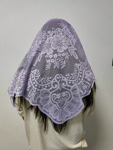 125cm*60cm/1 pezzo Copricapo elegante e traforato da donna, velo da sposa di lusso di nicchia, velo per cerimonia in chiesa, decorazione per divano, delicati lavori floreali, decorazione tessile per la casa, morbido pizzo romantico francese alla lavanda - 1 pezzo viola chiaro - Visualizzare 9