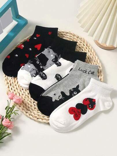 5双装女士薄袜，韩版可爱猫咪爱心图案休闲短袜，夏季