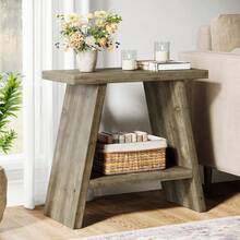LITTLE TREE 2-Tier Solid Wood Narrow End Table For Living Room, Small Side Table With Storage, Rustic Bedside Table Nightstand For Bedroom, Small Places, 23.62" L X 11.81" W - 水洗棕色 - 查看 2