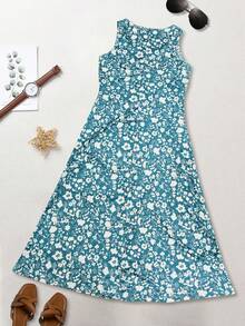 Spring/Summer Casual Vacation Style Ditsy Floral Slim Fit Versatile Dress, Perfect For Mother's Day Elegant - Blue - View 7