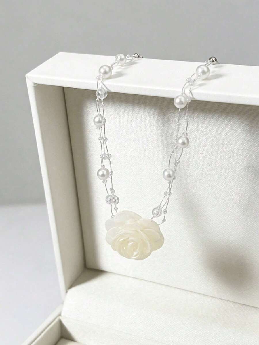 Fashion Girls Jewelry Gift 1pc Elegant Camellia Flower Pearl Delicate Floral Choker Necklace - Flower - View 1