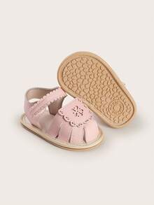 夏季3-6-9-12个月女童学步鞋 0-1岁 软橡胶鞋底 婴儿防翻透气凉鞋 - 粉色 - 查看 2