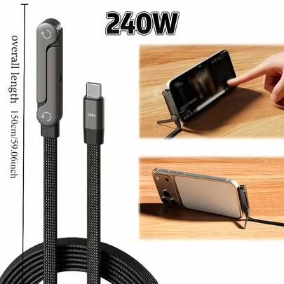 240W Cable de datos plegable con soporte ajustable, carga superrápida dual Tipo-C, diseño angulado para un soporte de teléfono conveniente. Compatible con Apple Serie 15-17 y Serie S. Con puertos Tipo-C duales, soporte de teléfono incorporado, conector macho a macho