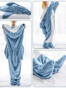1pc Adult Shark Hooded Blanket, Shark Costume, Wearable Shark Blanket, Comfortable Shark Pajamas, Super Soft Flannel Shark Hooded Blanket, Family Shark Hooded Blanket, Wearable Shark Sleeping Bag, Women/Men Gift, Personalized Gift, Shark Hoodie Blanket, Cozy Flannel Shark Sleeping Bag Sofa Blanket New Cartoon Animal Cute Interesting Sleeping Bag Adult Style, Animal Pajamas - Multicolor - View 2