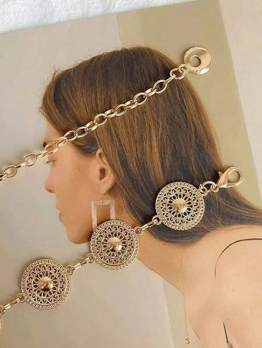 1pc Women's Gold Round Shape Cutout Metal Waist Chain, Matching Dress Accessory Boho Halloween Summer, School Fall, Autumn, Halloween - Vàng - Xem 1