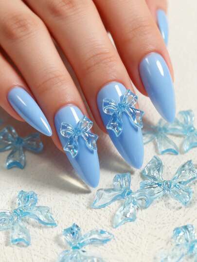 Cute Blue Ribbon Bow Nail Art Decorations, Y2K Romantic Minimalist Style Bowknot Nail Salon Design Accessories For Women