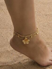 1pc Vacation Style Line & Tassel Golden Flower Pendant Multilayer Anklet For Women (No Gift Box) - 金色 - 查看 7