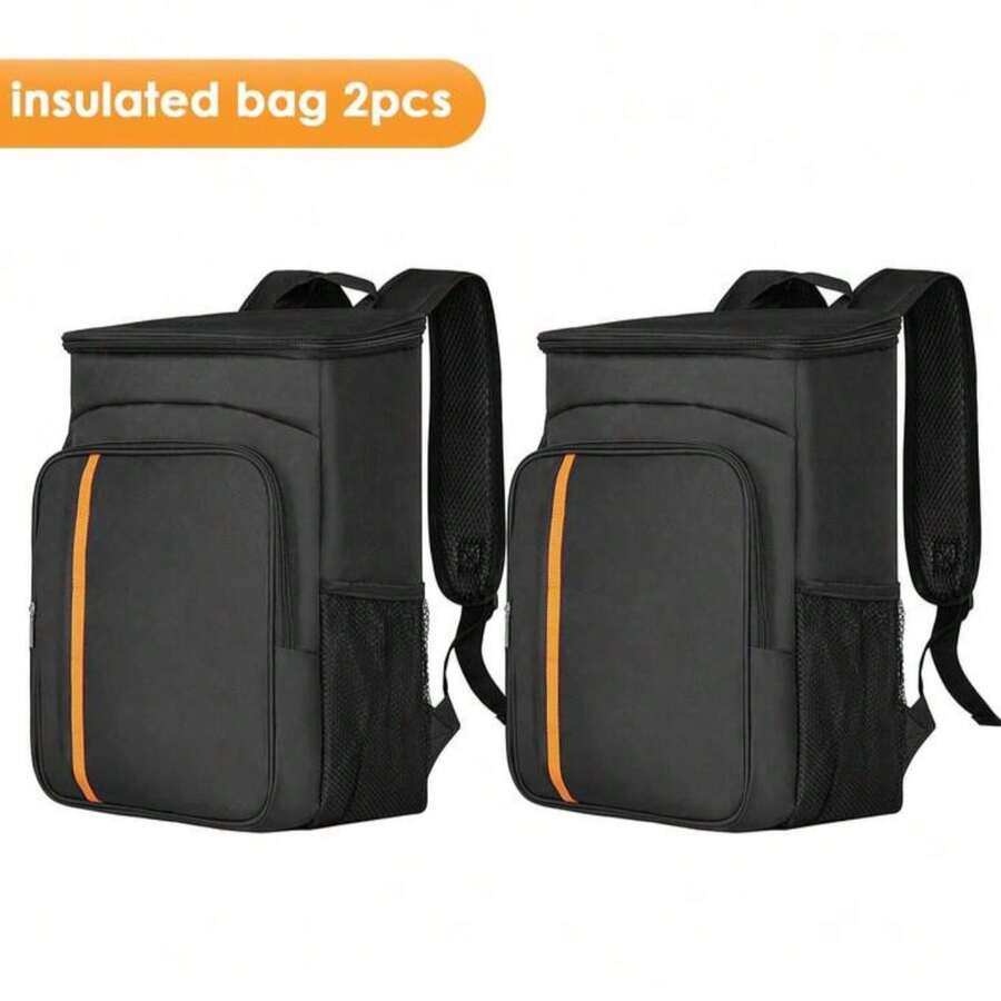 2pcs 20L Portable Insulated Lunch Bag, Each With Cooler Ice Pack, Food Container, Durable Waterproof Cooler Box, Thermal Ice Pack Box And Oxford Cloth Camping Dinner Backpack Cooler - Black - View 1