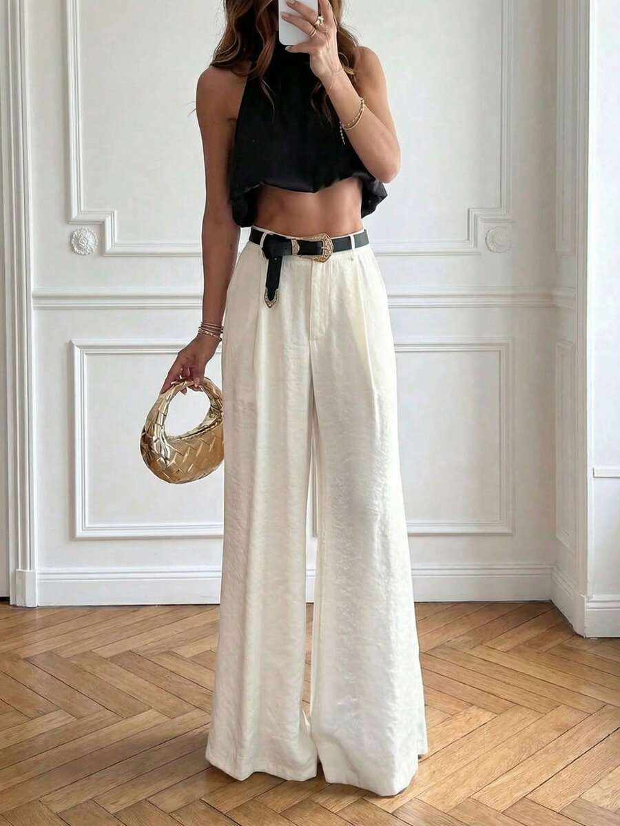 Quần ống rộng cạp cao màu trắng, kiểu dáng thanh lịch thường ngày dành cho nữ, phù hợp mặc hàng ngày, đi nghỉ mát, du lịch, mùa xuân/hè. - trắng - Xem 1