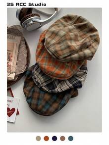 1顶复古英伦格纹报童帽，女士新款春夏大帽围报童帽，百搭贝雷帽 - 彩色 - 查看 13