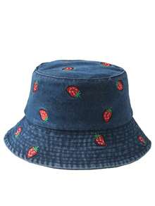 1顶女士可爱休闲Y2K风格时尚做旧水果雏菊刺绣牛仔布渔夫帽，适合外出、海滩、日常穿着 - 刺繡 - 查看 13