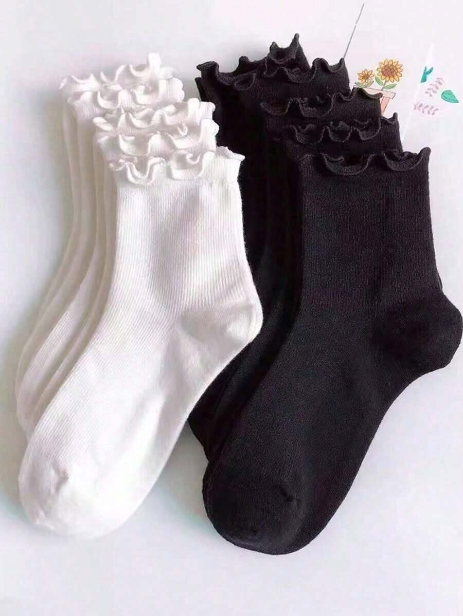 Ruffles Ankle Socks Women Lolita Cute Kawaii Korean Stocking Girl Spring Black White Middle Tube Japanese Sox - 黑白 - 查看 1
