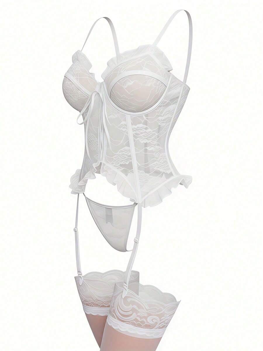 3 Sets/12-Piece Women's Lace Underwear Set, Hollow Shoulder Strap Design With Breathable Bra, Adjustable Straps And Matching Thong | Lightweight Mesh Fabric Slim And Thin, Highlighting Curvaceous Beauty - màu đen - Xem 1
