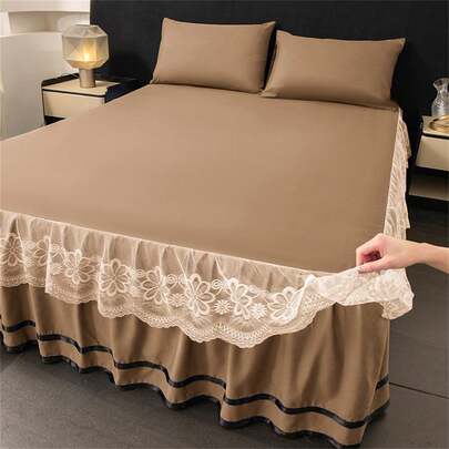 蕾丝边纯色简约床裙（不含枕套），四季通用床罩，四角弹力防滑床单，纯色床上用品套装，适合春、夏、秋季卧室和客房，可机洗（仅含床裙，不含枕套）