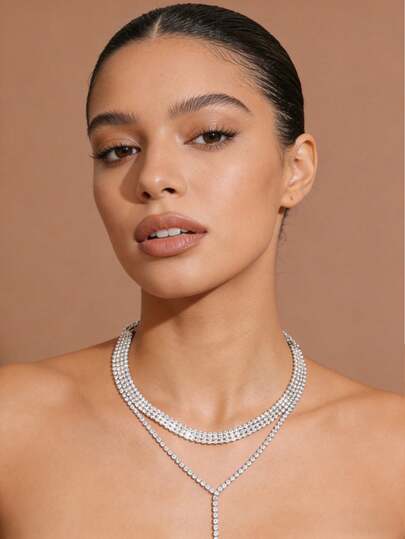 1 pieza Collar de borlas de múltiples hilos de plata para mujer, collar gargantilla de cristal estilo bohemio, accesorio de joyería de moda