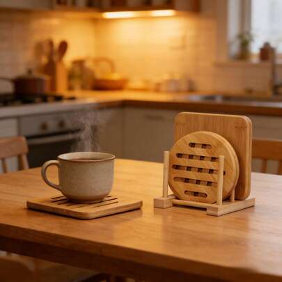 3pcs Bamboo Heat Insulation Pads (14.8/18/19.5cm), Thick Round Bamboo Heat-Resistant Coasters, Hollow Bamboo Pot Holders, Portable Bamboo Cup Mats For Home & Hotel Use