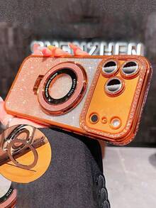 Luxury Shiny Sequin Camera Rhinestone Ring Holder Phone Case, Compatible With 17 Pro Max Air 16 15 14 13 12 11 Pro Max X XS Max 6S 7 8 Plus SE2 3, Orange, Silver, Pink Gradient Sequin Electroplated Phone Case, Suitable For Girls And Women - Orange - View 1