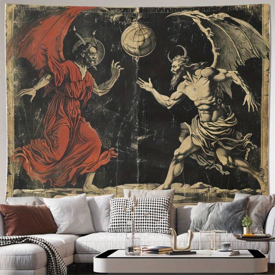 1pc Dual Demon Battle Tapestry With Vibrant Fantasy Combat Detail, Washable Polyester Fiber Wall Hanging With Easy Install Kit For Living Room, Bedroom, Office Decor, Perfect For Halloween & Party Themes, Spooky Background Cloth, Gothic Art - 1PC - 查看 1