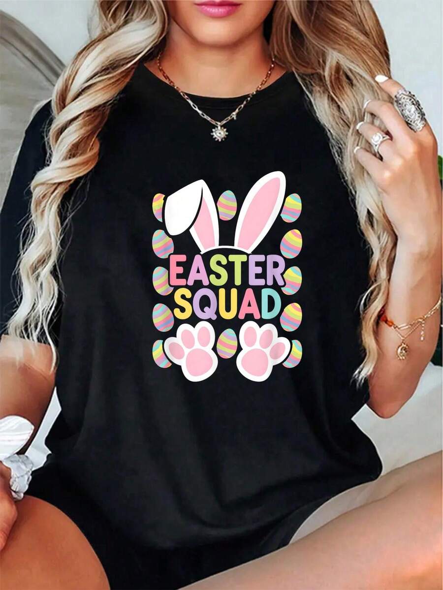 Camiseta unisex 100% algodón para el Día de Pascua, diseño de caza de huevos con conejito, para toda la familia, camisetas gráficas para mujer - Camiseta estampada de manga corta. - Negro - Ver 1
