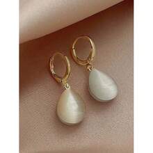 1 par de pendientes de piedra de ojo de gato con forma de lágrima de doble cara, minimalistas, ligeros y versátiles para mujeres - Rosa - Ver 6