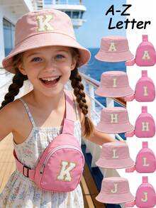 2pcs/Set Girls 26 Letter Pink Sweet Pink Rose Graphic Bucket Hat Set, Fashionable Style Type,Beach Sun Protection Hat, Suitable For Holidays, Outdoor Activities, Daily Wear, Birthday Gift - Pink - View 1