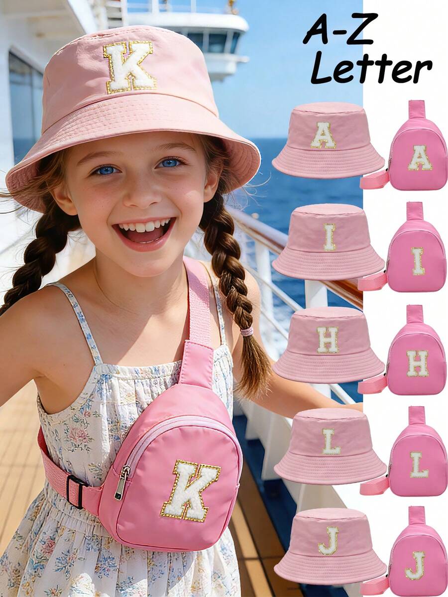 2pcs/Set Girls 26 Letter Pink Sweet Pink Rose Graphic Bucket Hat Set, Fashionable Style Type,Beach Sun Protection Hat, Suitable For Holidays, Outdoor Activities, Daily Wear, Birthday Gift - Pink - View 1