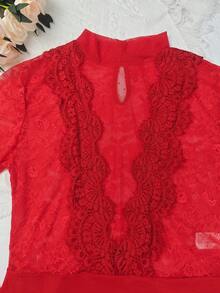 Women's Red Floral Lace Mock Neck Long Sleeve Sheer Bodysuit - Red - View 2