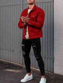 Men's Slim Fit Cotton Denim Jacket - Red 1 - View 6