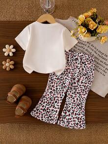 2pcs Cute Bow Print Round Neck Short Sleeve T-Shirt + Leopard Elastic Flared Pants Set, Summer - Apricot - View 2