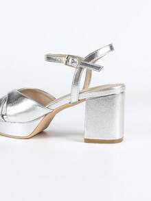 女士时尚高跟鞋，时尚PU皮革交叉绑带，春夏户外穿着 - 銀色 - 查看 9