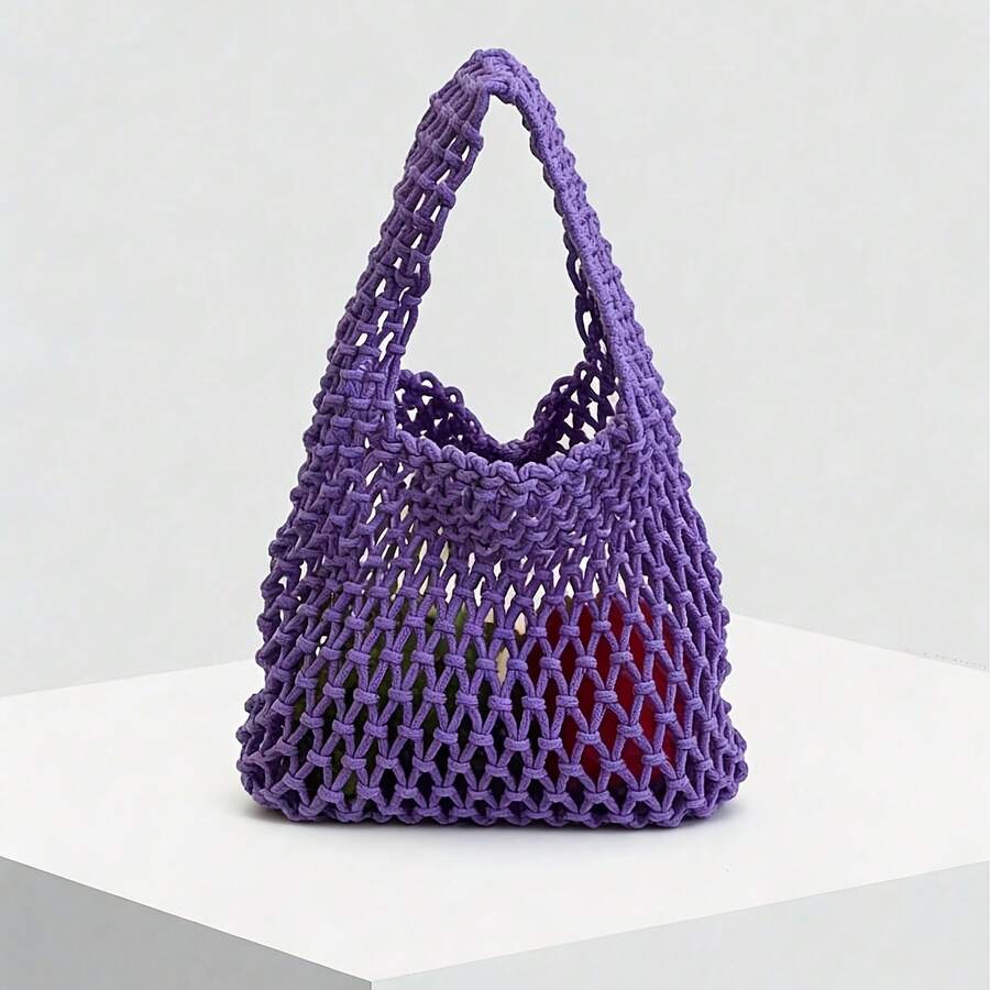 BAILEE 1pc Polyester Mesh Bottom Multicolor Solid Color Woven Tote Bag, Rhombus Pattern, Lightweight Portable Large Capacity Cute Japanese Style Exaggerated Beach Bag, Teacher Gift