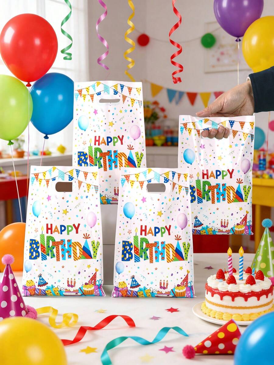 10/25/50个装生日派对礼品袋，白色背景生日气球图案糖果袋，适用于生日派对装饰、一周岁生日派对礼品袋、糖果袋、生日派对礼物包装用品、生日派对桌面装饰糖果袋、性别揭晓派对装饰、婴儿派对装饰、一周岁生日礼物、足球主题装饰、派对礼品袋填充物